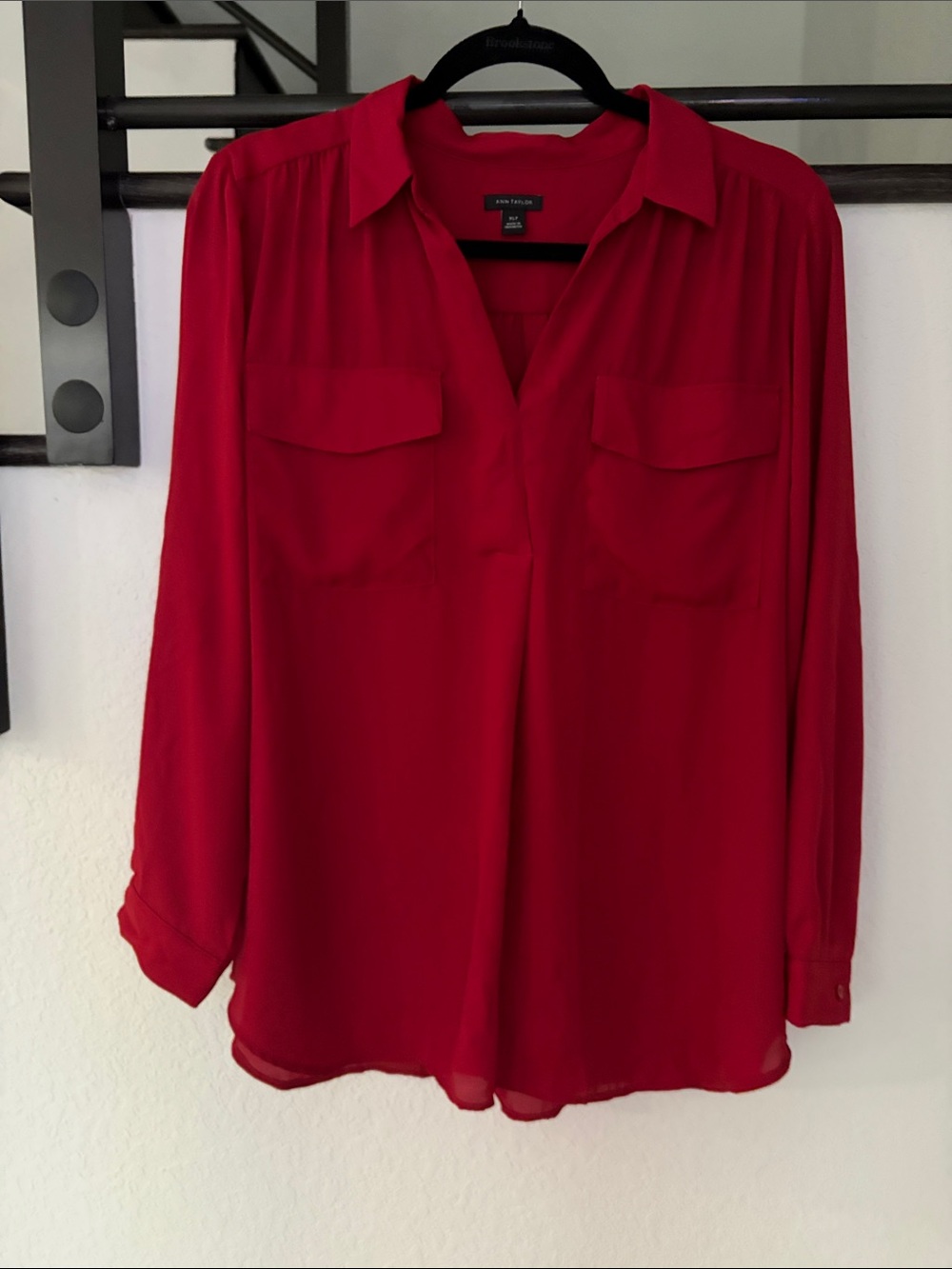 Ann Taylor Crimson Red Split V-Neck Long Sleeve Blouse